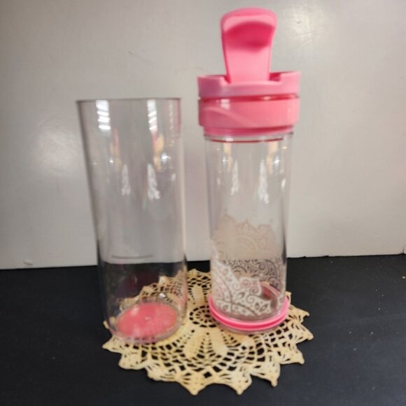 Davids Tea Travel Tumbler Infuser Clear Travel Mug w White Design and Pink Lid - Picture 4 of 10